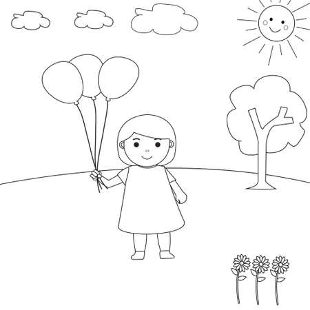 Coloring Book Vector Little Girl With Balloon Theme Illustrationのイラスト素材
