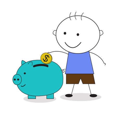 Kid Save Money On Piggy Bank Doodle Illustrationのイラスト素材
