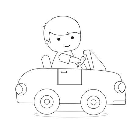 Little Boy Driving Car Outline Coloring Book for Kid Illustration Vectorのイラスト素材