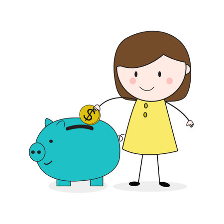 Doodle Girl Save Money on Piggy Bank Illustration Cartoon Vectorのイラスト素材