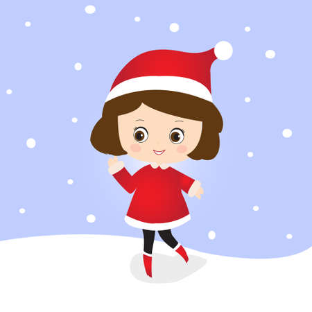 Cute Chibi Santa Girl Cartoon Wearing Santa Claus Costume illustraton Vectorのイラスト素材
