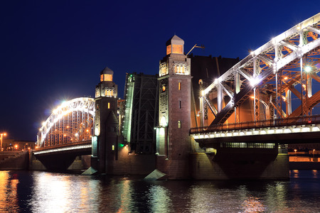 Bridge across the Neva River at nightの写真素材