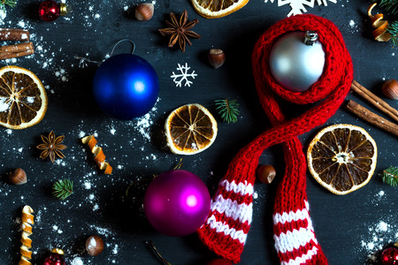 Background with balls, snowflakes and oranges. Christmas pattern.の写真素材