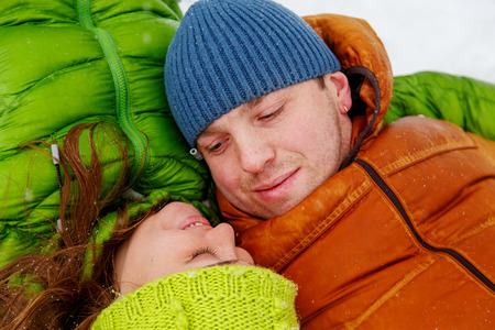 Active loving family walking in the winter forest. Family fun.の写真素材
