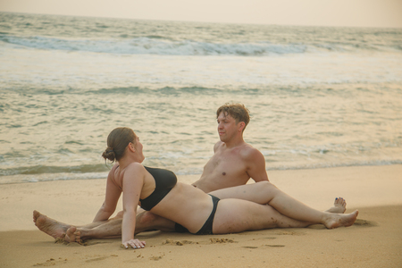 Loving couple on the ocean shore. The concept of  happy life.の写真素材