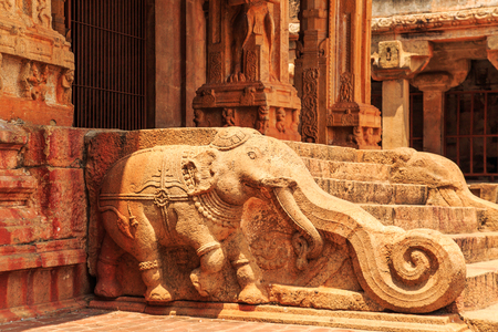 Carved walls of the temple in Tamil Nadu state, South India.の写真素材