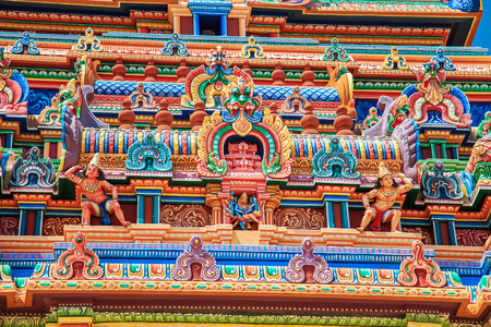 Colorful carved walls of the temple in Tamil Nadu state, South India.の写真素材