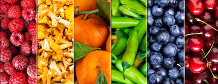Collage of colorful fruits, mushrooms and vegetables. The concept of vegetarianism.