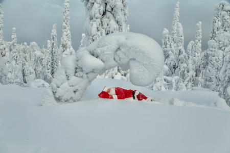 Tired Santa Claus fell asleep in the open air. Magnificent snow-covered landscape.の写真素材