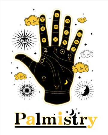 Chiromancy. Palmistry Life Lines Vector vintage illustration, magic alchemy spirituality zodiac symbol.のイラスト素材