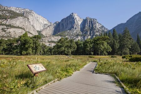 A wooden walkway in Yosemite valleyの写真素材