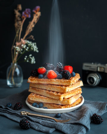 Waffles with berries with a dusting of icing sugar dusting with photo camera in the backgroundの写真素材