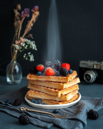 Waffles with berries with a dusting of icing sugar dusting with photo camera in the backgroundの素材 [FY310162839097]