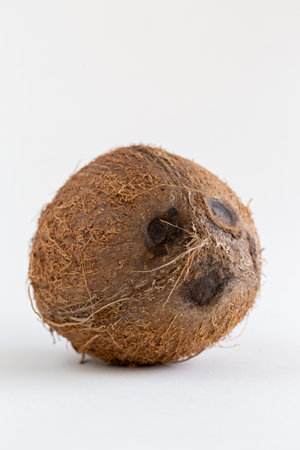 A whole coconut, isolated on white with copy space, tropical fruitの写真素材