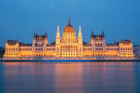 The parliament building in Budapest in the evening, Hungary during blue hour, illuminated, horizontalの写真素材