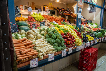 A market stall in the Great Market Hall in Budapest, horizontal