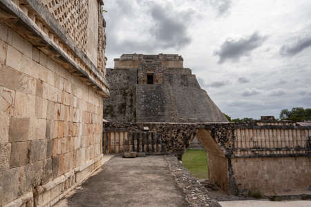 Uxmal temple complex in Yucatan, Mexico, gray sky, no people, horizontal