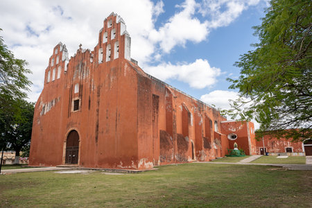 Red orange church in Muna, Yucatan, Mexico, horizontalの写真素材