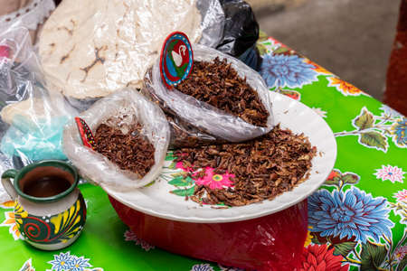 Fresh fried and salted grasshoppers from Oaxaca (translation: chapulines) on a colorful table, horizontalの写真素材