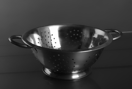 Empty sieve strainer stainless metal with handles. Front view