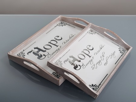 Empty wooden trays with text and dekoration for serving food or beverages