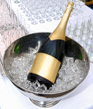 Bottle of champagne in a ice cubesの写真素材