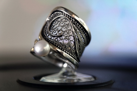 Ring silver jewelry necklace with one pearl, hand made