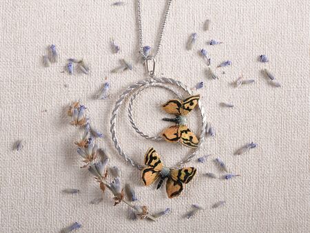 Handmade copper jewelry in the shape of butterfly from the genus Orgyia dubia. Handmade jewelryの写真素材