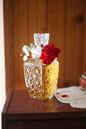 A bottle of brandy, arranged and decorated for a wedding dayの写真素材