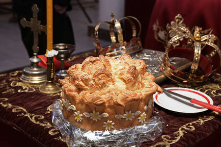 Bread in Orthodox church that is prepared for the wedding ceremonyの写真素材