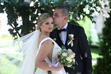 Handsome groom in black formal suit and his elegant bride in dress and veil with bouquet with beautiful hair dress. Beautiful wedding photo session.の写真素材