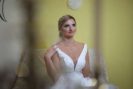 A elegant and beautiful bride at home. Beauty portrait of bride wearing fashion wedding dress with luxury delight make-up and hairstyleの写真素材