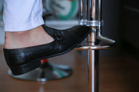 Male elegance dress shoes. Wedding groom leather black lacquered shoes. Wedding conceptの写真素材
