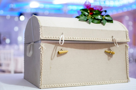 Wedding decorative box with feather and leaves, chest for gifts and money. Chest on the table with...