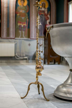Hanging icon lamp in orthodox church. Orthodox icon lamp. Church attribute. Lamp stand Church....