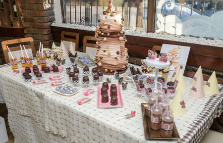 Birthday party. Different forms of delicious chocolates homemade cakes. Glossy glaze and chocolate decorの写真素材