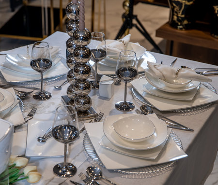 White luxury sets of porcelain bowl set on table. Luxury ceramic tableware. Elegant white porcelain tableware with luxury platinum decal designの写真素材