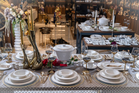 White luxury sets of porcelain bowl set on table. Luxury ceramic tableware. Elegant white porcelain tableware with luxury platinum decal designの写真素材