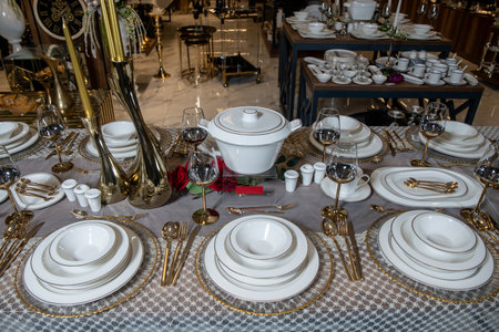 White luxury sets of porcelain bowl set on table. Luxury ceramic tableware. Elegant white porcelain tableware with luxury platinum decal designの写真素材