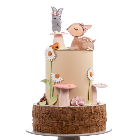 Cake with wafer paper, hand made. Box for gifts. Paper cake decorated with forest animals and forest fruits and plantsの写真素材