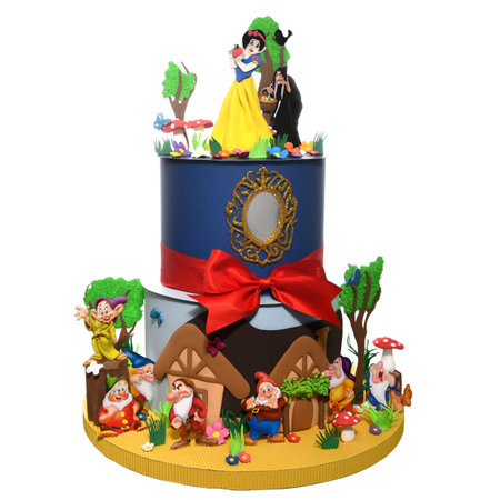 Skopje, Macedonia - July 25 2022: Paper cake made after characters from the cartoon series. Snow White and the Seven Dwarfs.  Details of cakes with wafer paper with characters from favorite cartoonsのeditorial素材