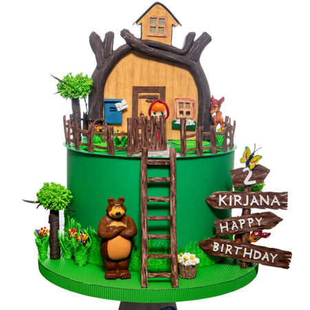 Skopje, Macedonia- February 9 2024: Masha and the Bear cake. Figurine of character Masha from popular cartoon about Masha and the Bear in hand-made crafts scenery  Cake from paper craftのeditorial素材