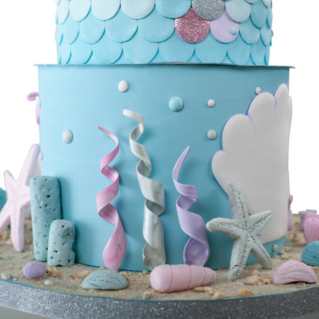 A cake made of soft paper and cardboard with the theme of underwater world, mermaid and sea animals with underwater worldの写真素材