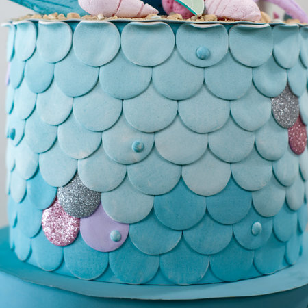 A cake made of soft paper and cardboard with the theme of underwater world, mermaid and sea animals with underwater worldの写真素材