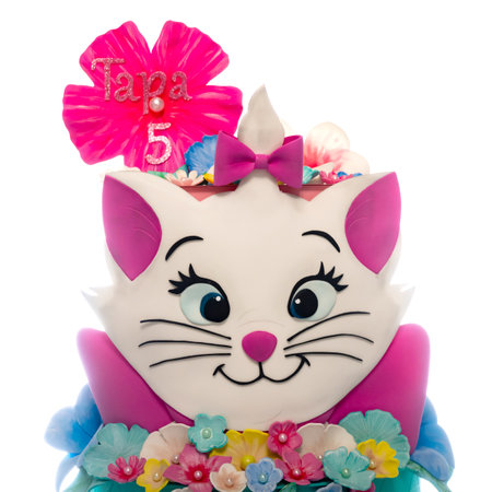 Cat theme birthday cake for kids, green color on white background. Modern wafer paper cakes. The cakes make of wafer paper hand made.の写真素材
