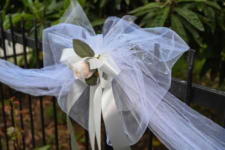 A wedding bow hangs on an outside fence. Wedding divorce, bow ribbon on the fence.の写真素材