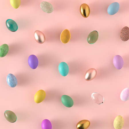 Creative pattern of colorful Easter eggs of different materials, colors and size. Flat lay concept on pastel pink background.の写真素材