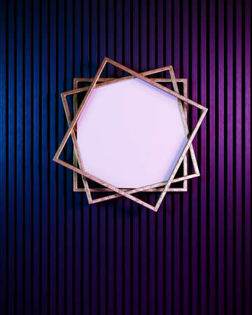 Gold frame with blank copy space on purple and blue neon background. Creative flat lay concept.