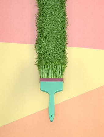 Ecological concept of paint brush that leaves behind fresh green grass. Creative eco program on pastel background. Flat lay.の写真素材