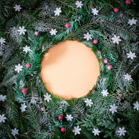 Christmas creative background with circle copy space made of Winter snowflakes,white snow and fresh evergreen tree. Flat lay.の写真素材